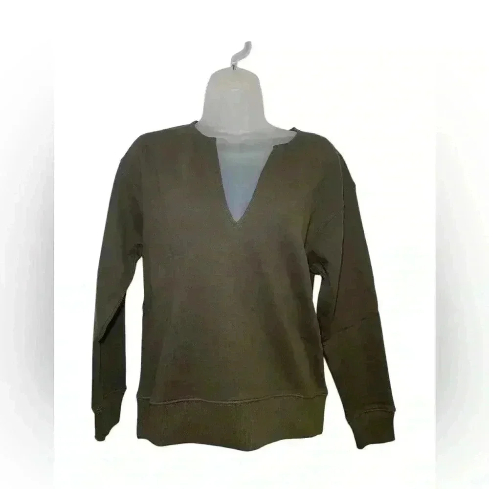 Thakoon Deep Olive V-Neck Cotton Sweatshirt Size Small NWT